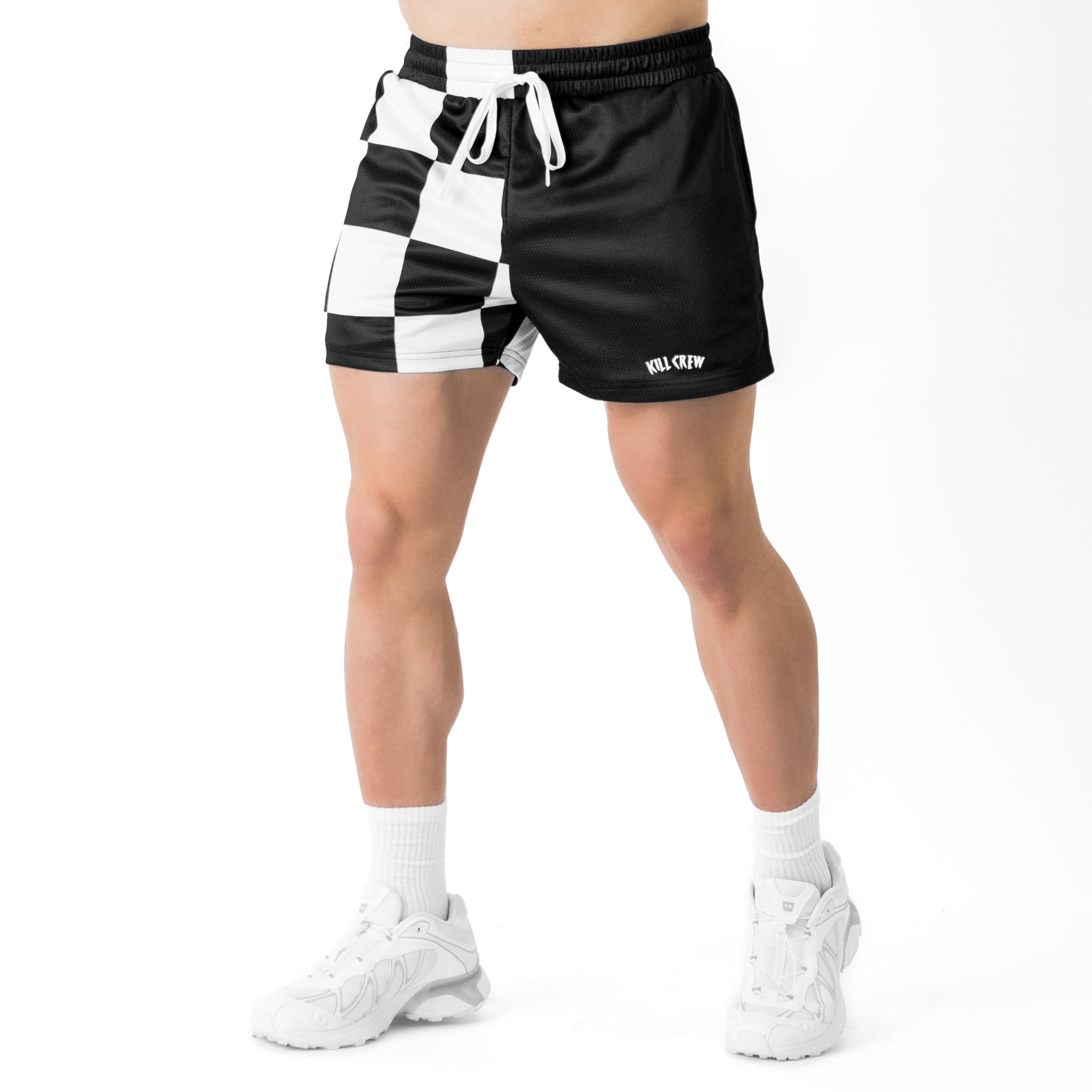 MUAY THAI SHORTS (MID THIGH CUT) CHECKER - BLACK / WHITE