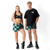 MUAY THAI SHORTS (MID THIGH CUT) CHECKER - BLACK / MINT