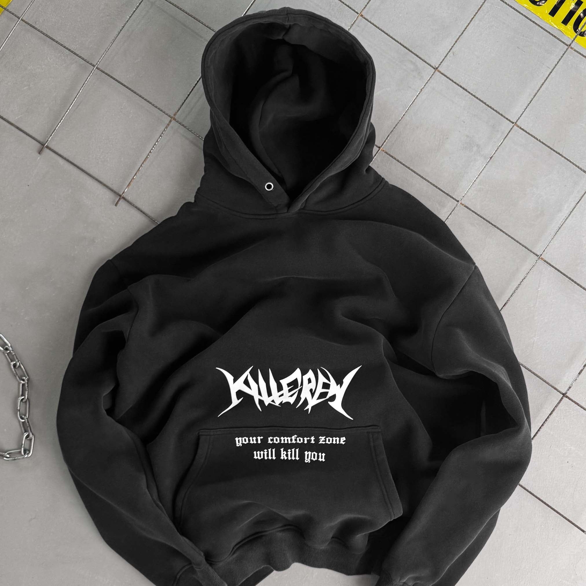 OVERSIZED LUX "COMFORT ZONE" HOODIE - BLACK / WHITE