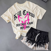 RELAXED FIT NATURAL COTTON "DESTROY" T-SHIRT - CREAM