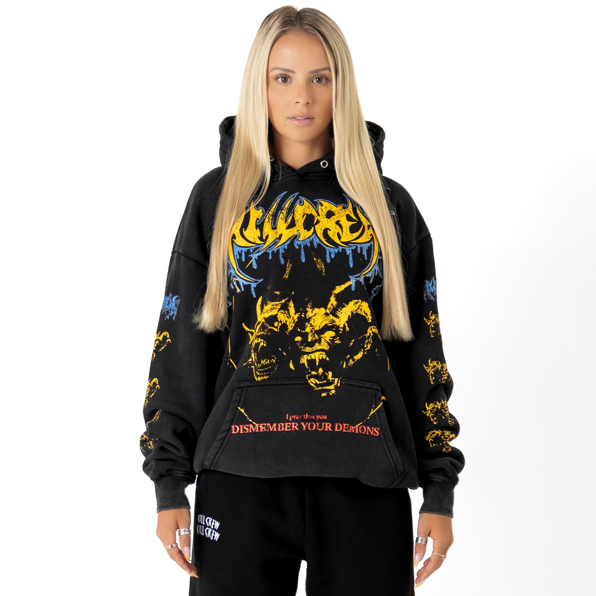 OVERSIZED LUX DISMEMBER YOUR DEMONS HOODIE - BLACK / YELLOW