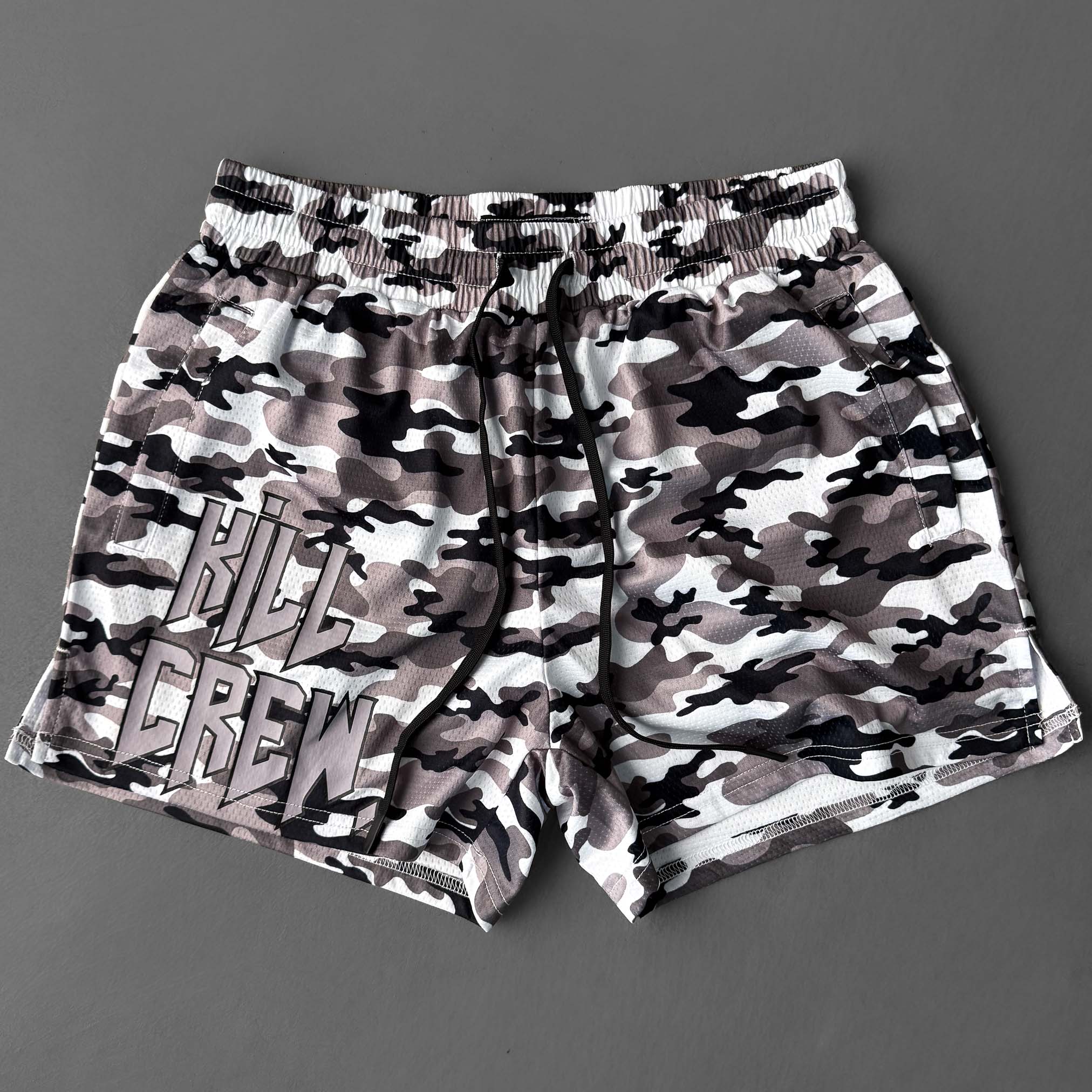 MUAY THAI SHORTS (MID THIGH CUT) - GREY CAMO