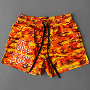 MUAY THAI SHORTS (MID THIGH CUT) - ORANGE CAMO