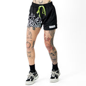 MUAY THAI FLAME SHORTS (MID THIGH CUT) - BLACK / WHITE