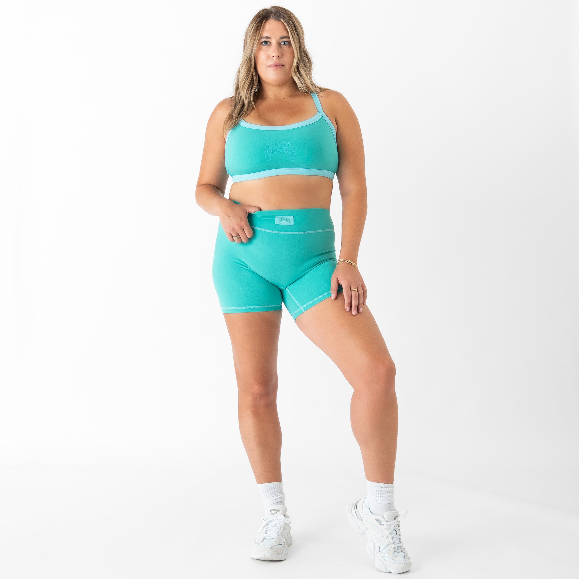 MID RISE COLOR BLOCK BIKER SHORT - TEAL