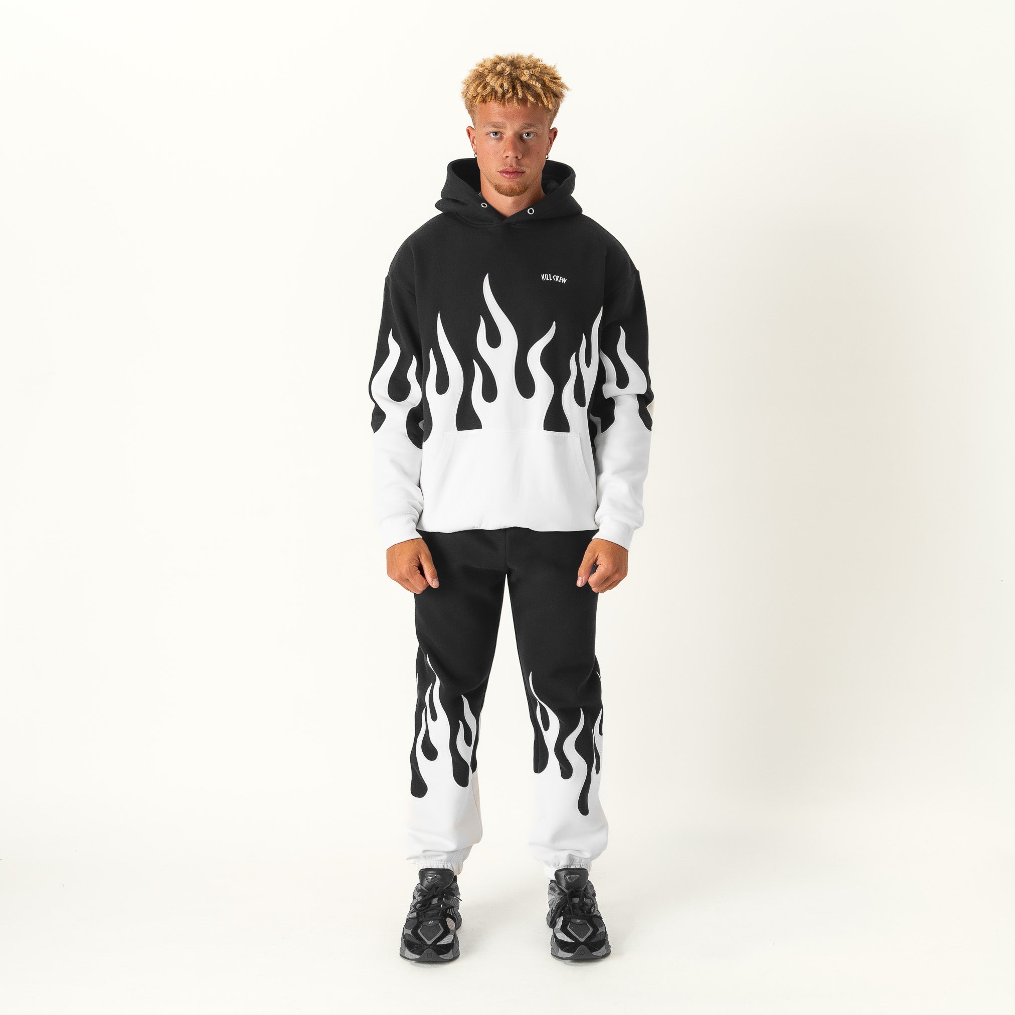 OVERSIZED PREMIUM FLAME HOODIE - BLACK / WHITE
