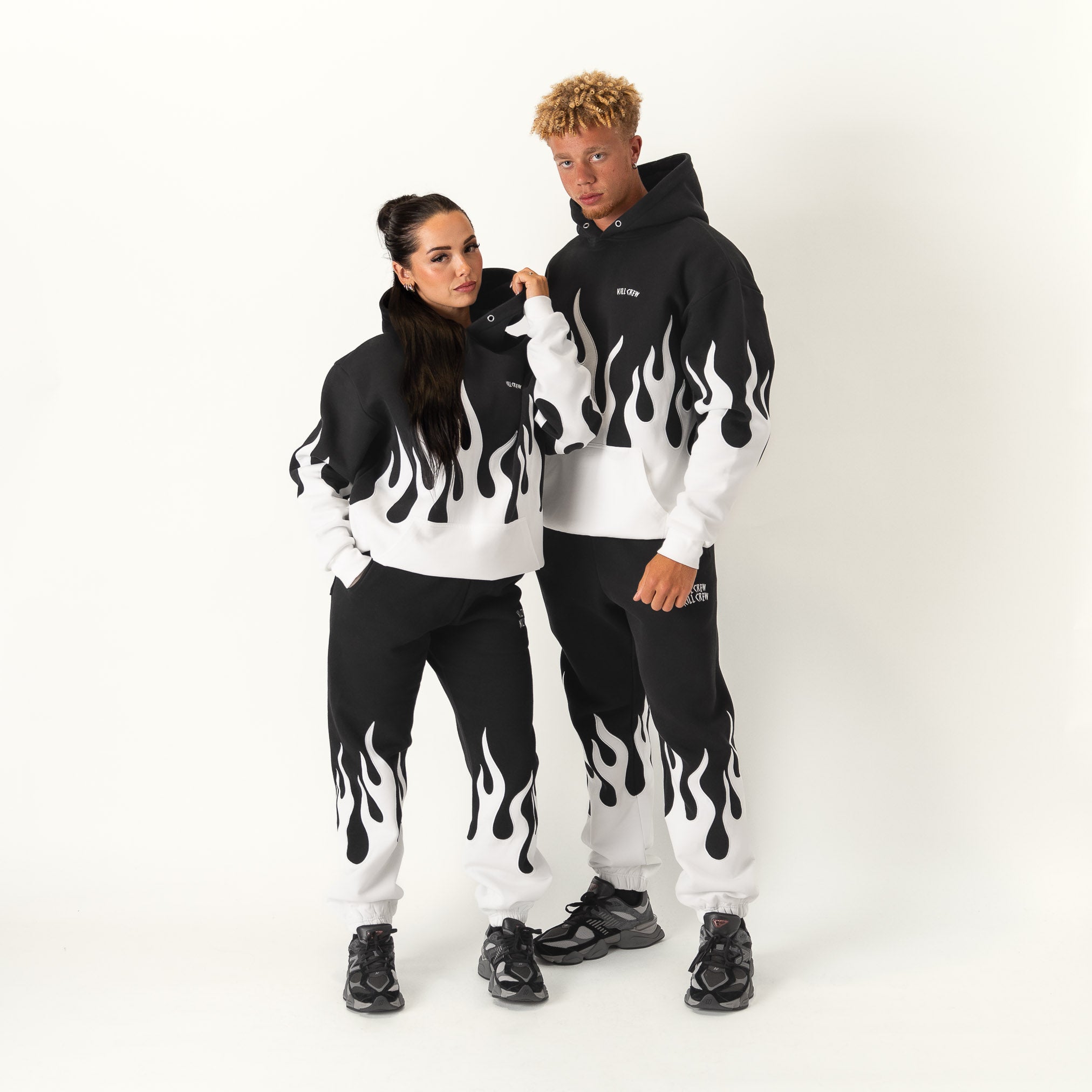 OVERSIZED PREMIUM FLAME HOODIE - BLACK / WHITE