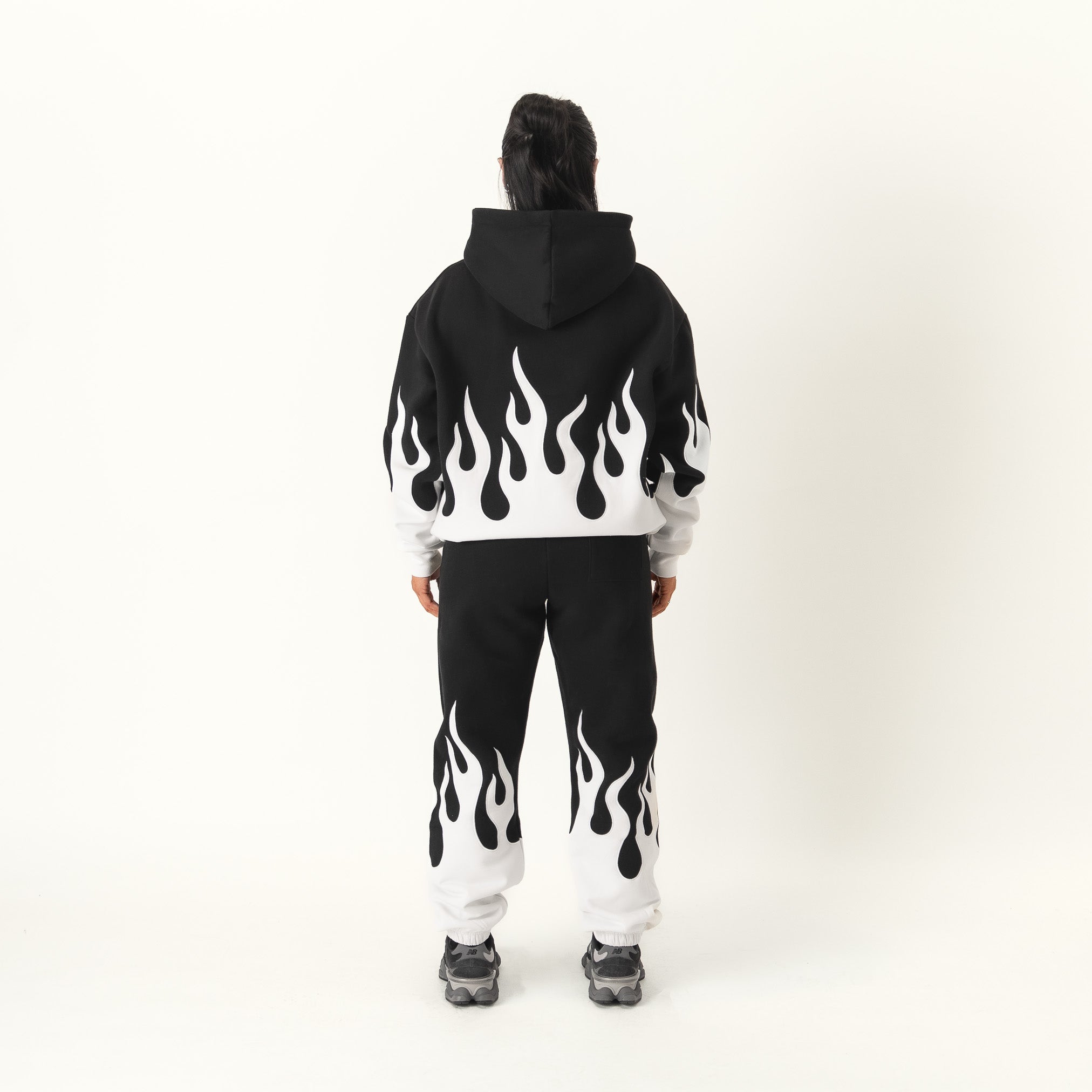 OVERSIZED PREMIUM FLAME HOODIE - BLACK / WHITE