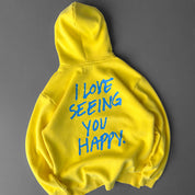 OVERSIZED LUX HOODIE "LOVE SEEING YOU HAPPY" - YELLOW / BLUE