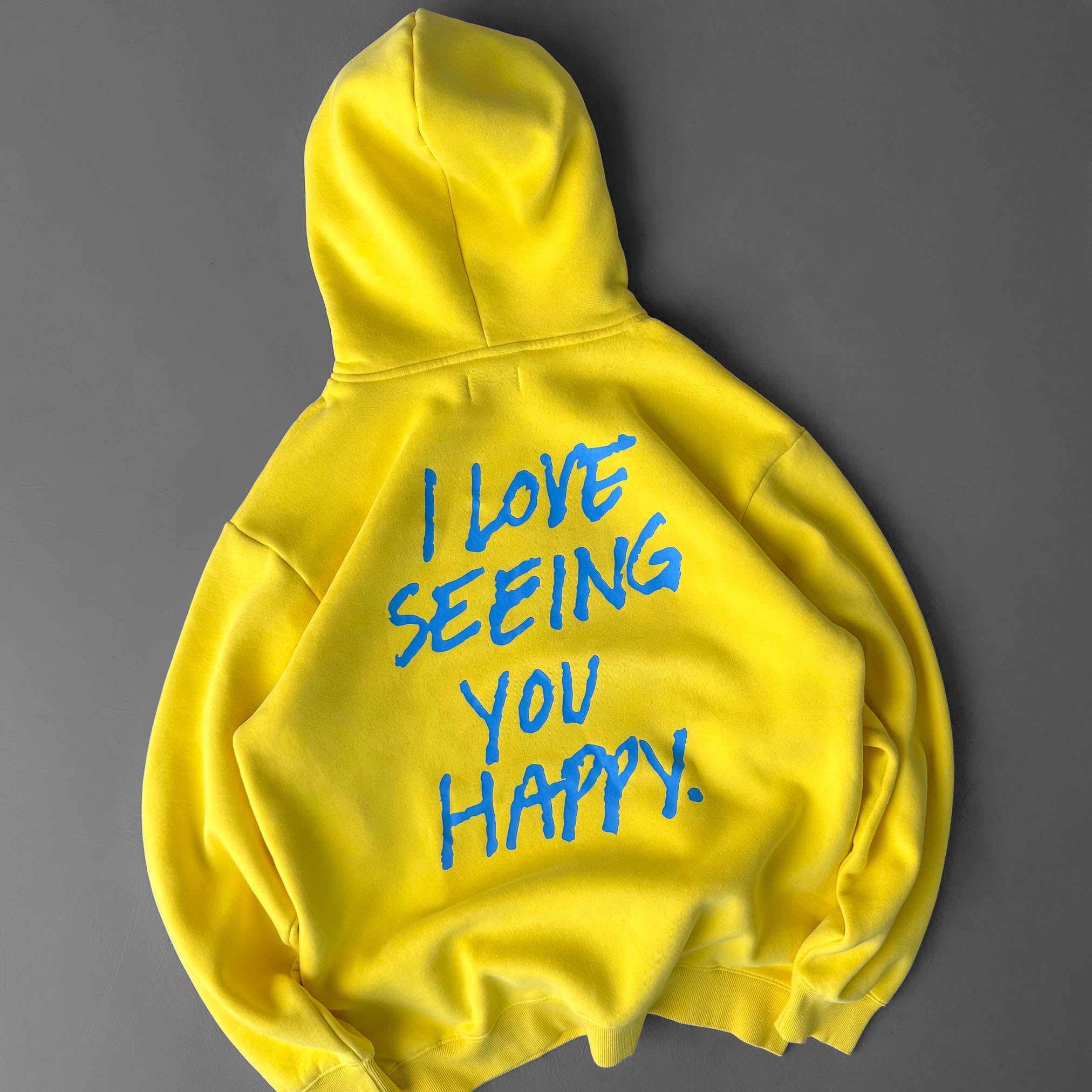 OVERSIZED LUX HOODIE "LOVE SEEING YOU HAPPY" - YELLOW / BLUE