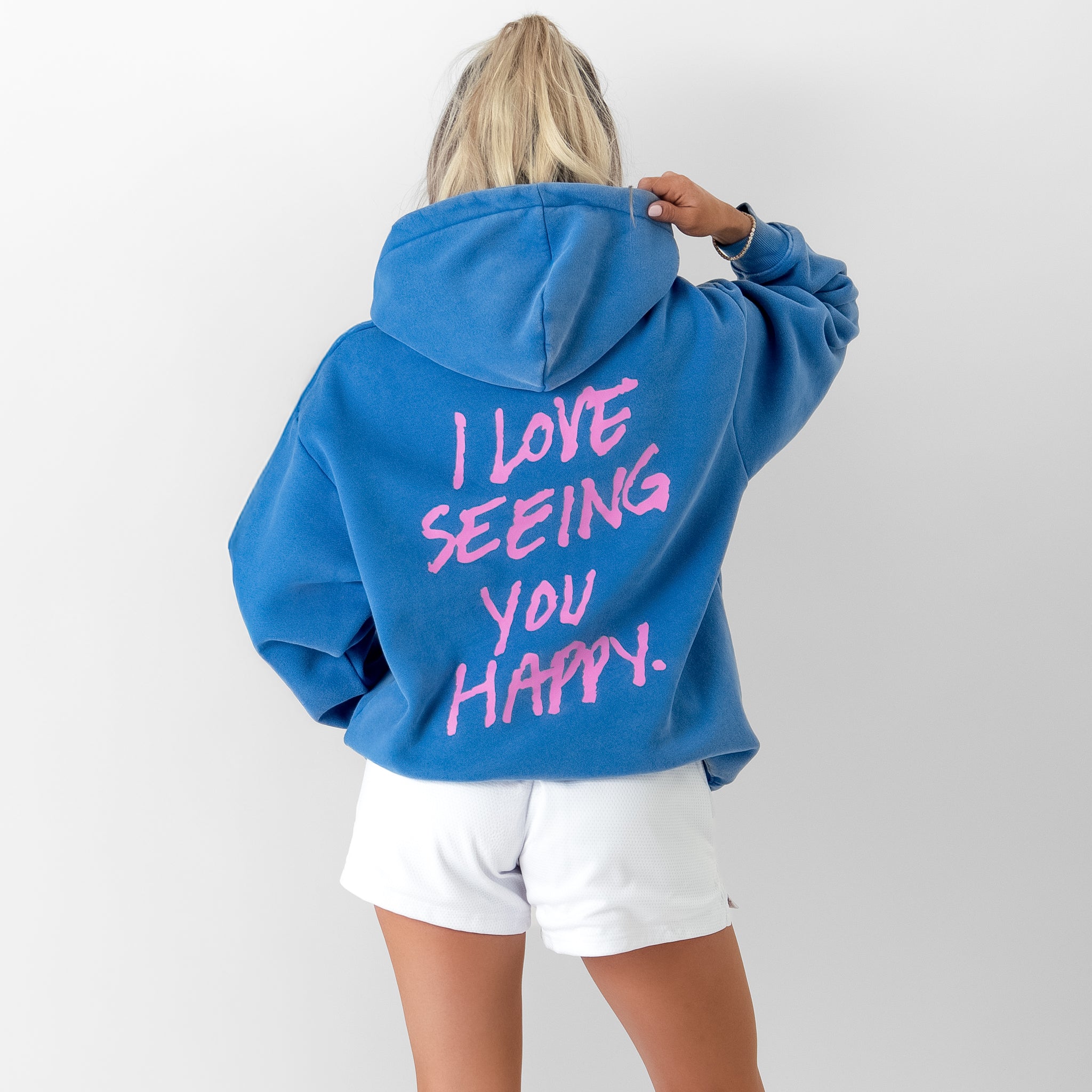 OVERSIZED LUX HOODIE "LOVE SEEING YOU HAPPY" - BLUE / PINK