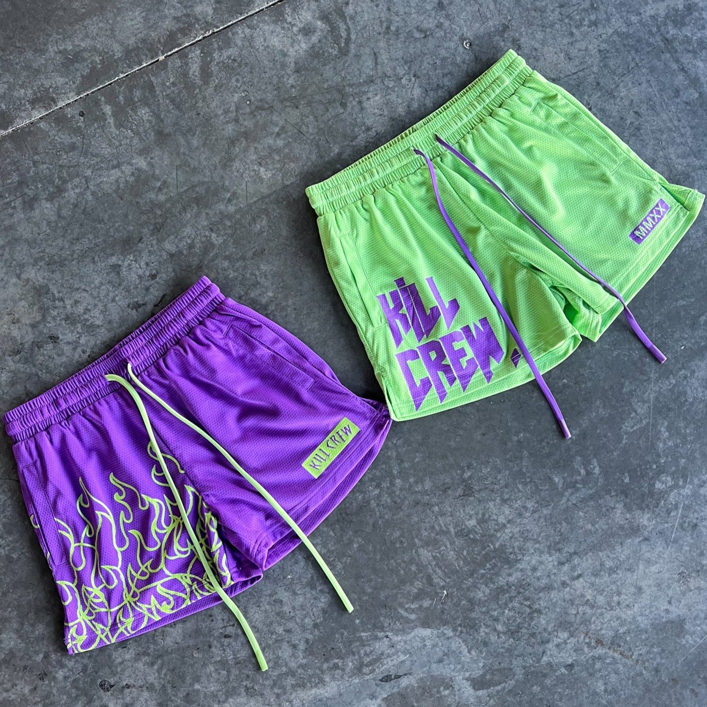 MUAY THAI FLAME SHORTS (MID THIGH CUT) - PURPLE / GREEN