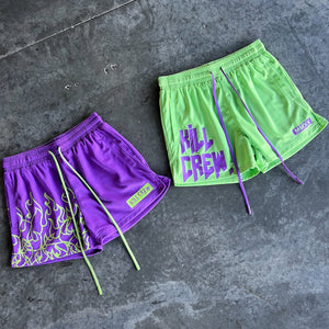 MUAY THAI SHORTS (MID THIGH CUT) - GREEN / PURPLE