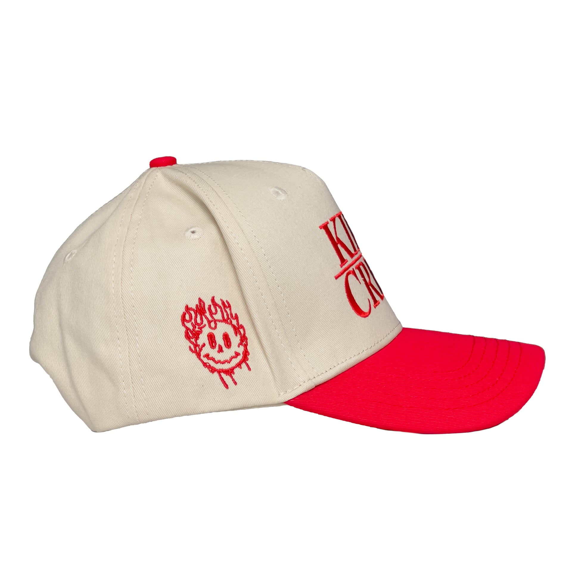 "SMILEY" 5 PANEL SNAPBACK - CREAM / RED