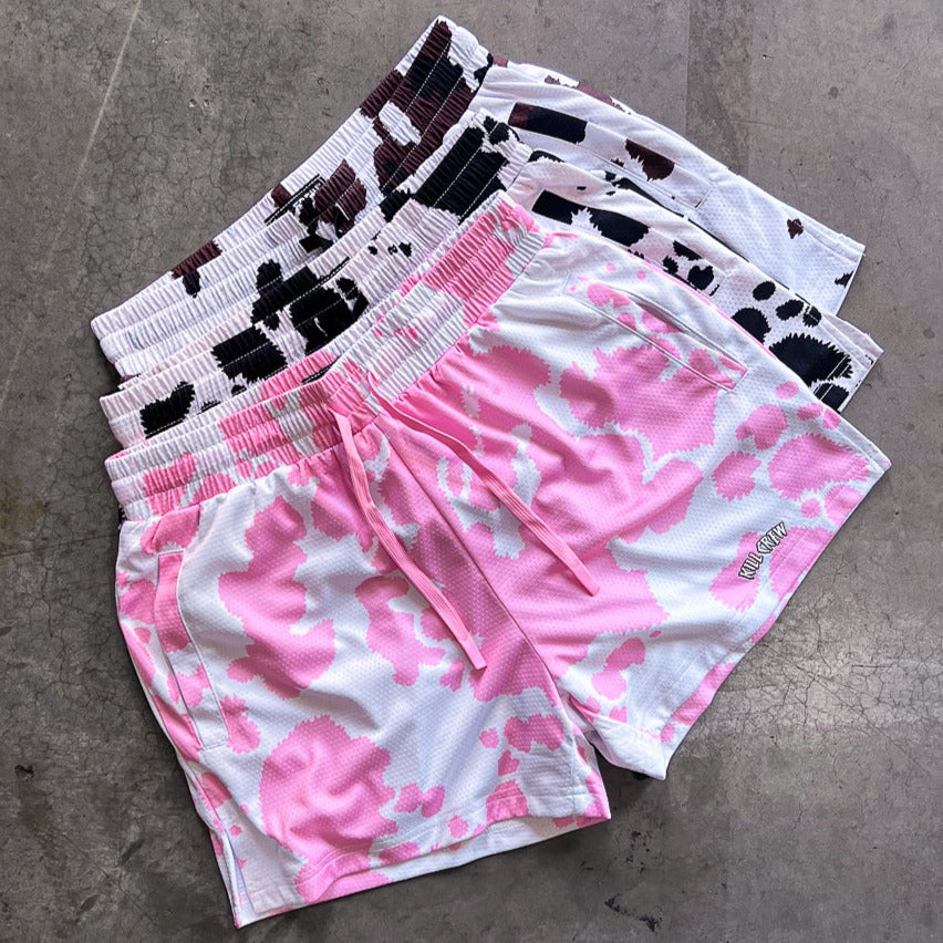 MOO THAI SHORTS (MID THIGH CUT) PINK COW – Kill Crew