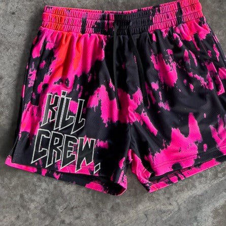 MUAY THAI SHORTS (MID THIGH CUT) ACID WASH - PINK / BLACK