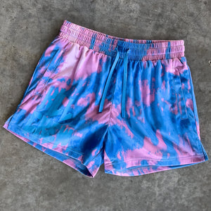 MUAY THAI SHORTS (MID THIGH CUT) ACID WASH - BLUE / PINK