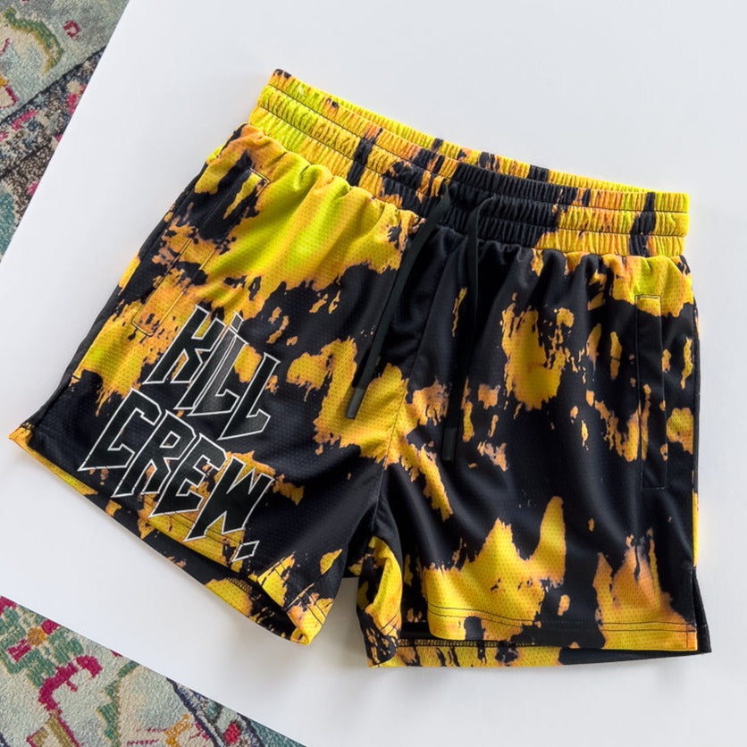 MUAY THAI SHORTS (MID THIGH CUT) ACID WASH - YELLOW / BLACK