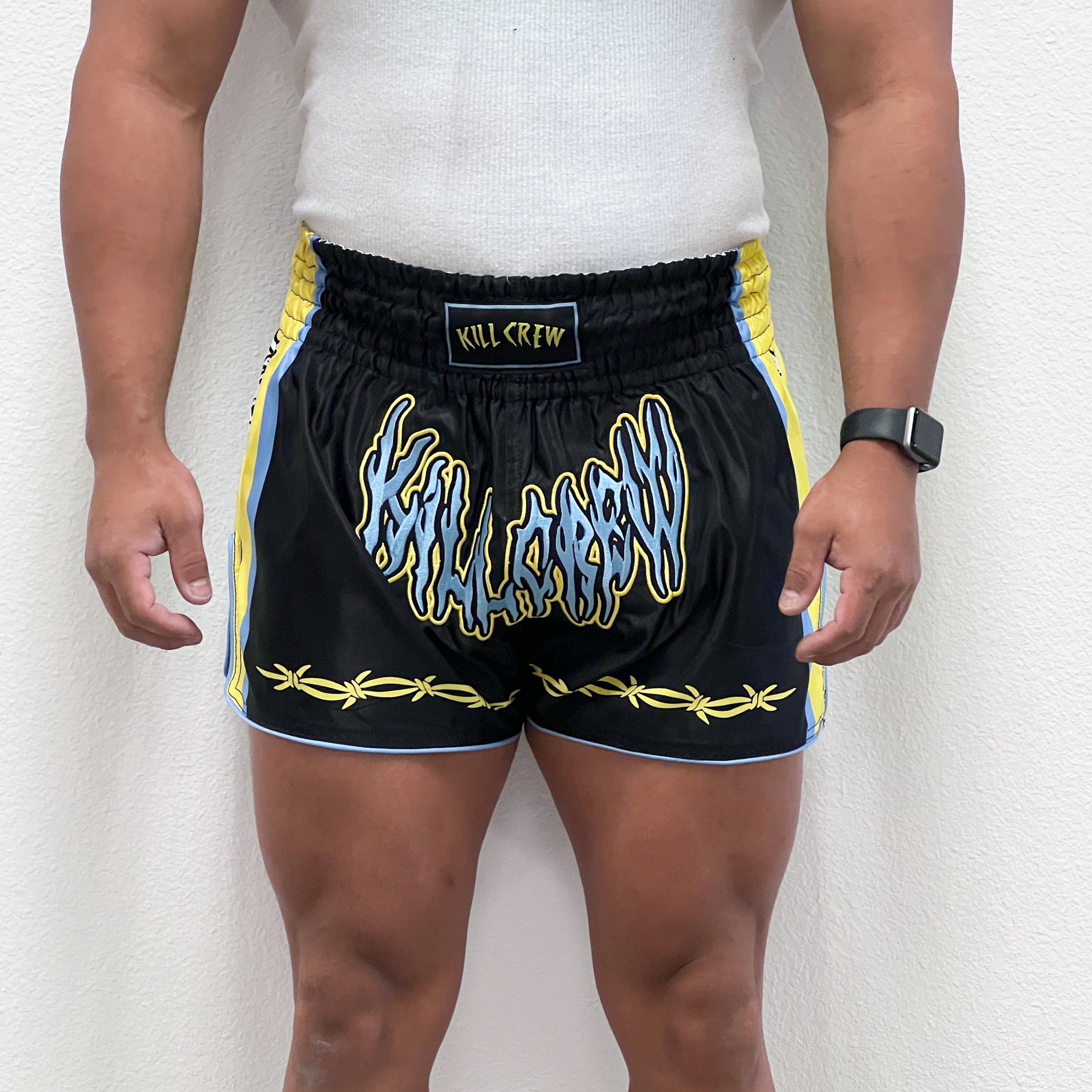 RETRO THAI FIGHT SHORTS - BLACK / PURPLE