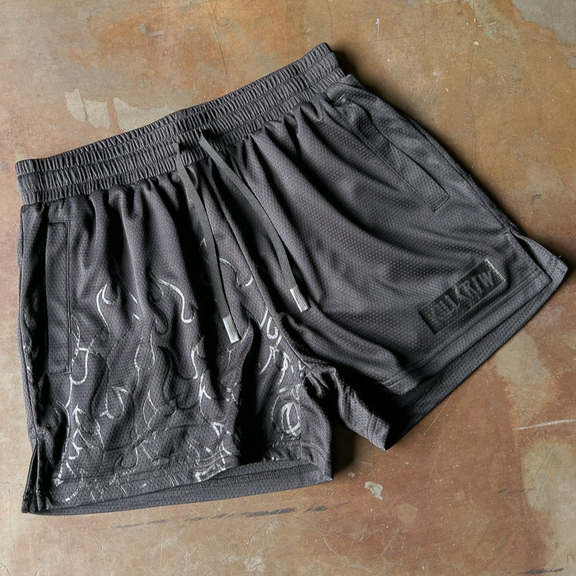 MUAY THAI FLAME SHORTS (MID THIGH CUT) - BLACKOUT