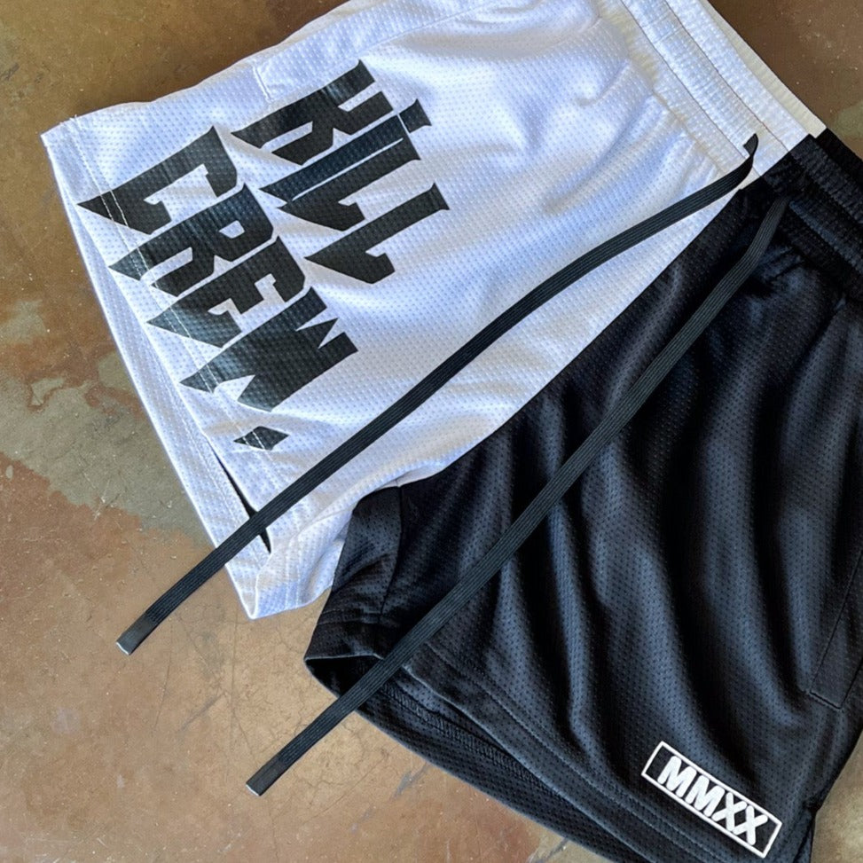 MUAY THAI SHORTS (MID THIGH CUT) 2 TONE - BLACK / WHITE