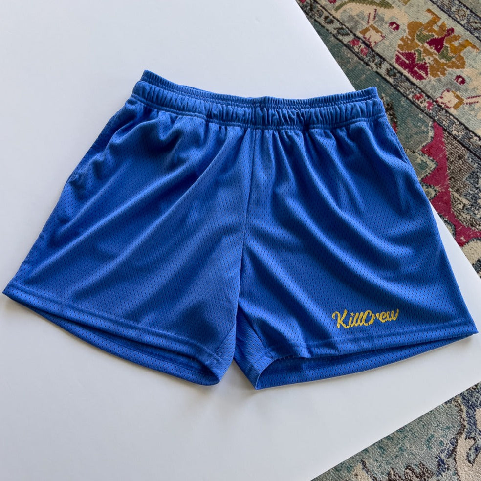 VENTED MESH SCRIPT SHORTS - BLUE / GOLD – Kill Crew
