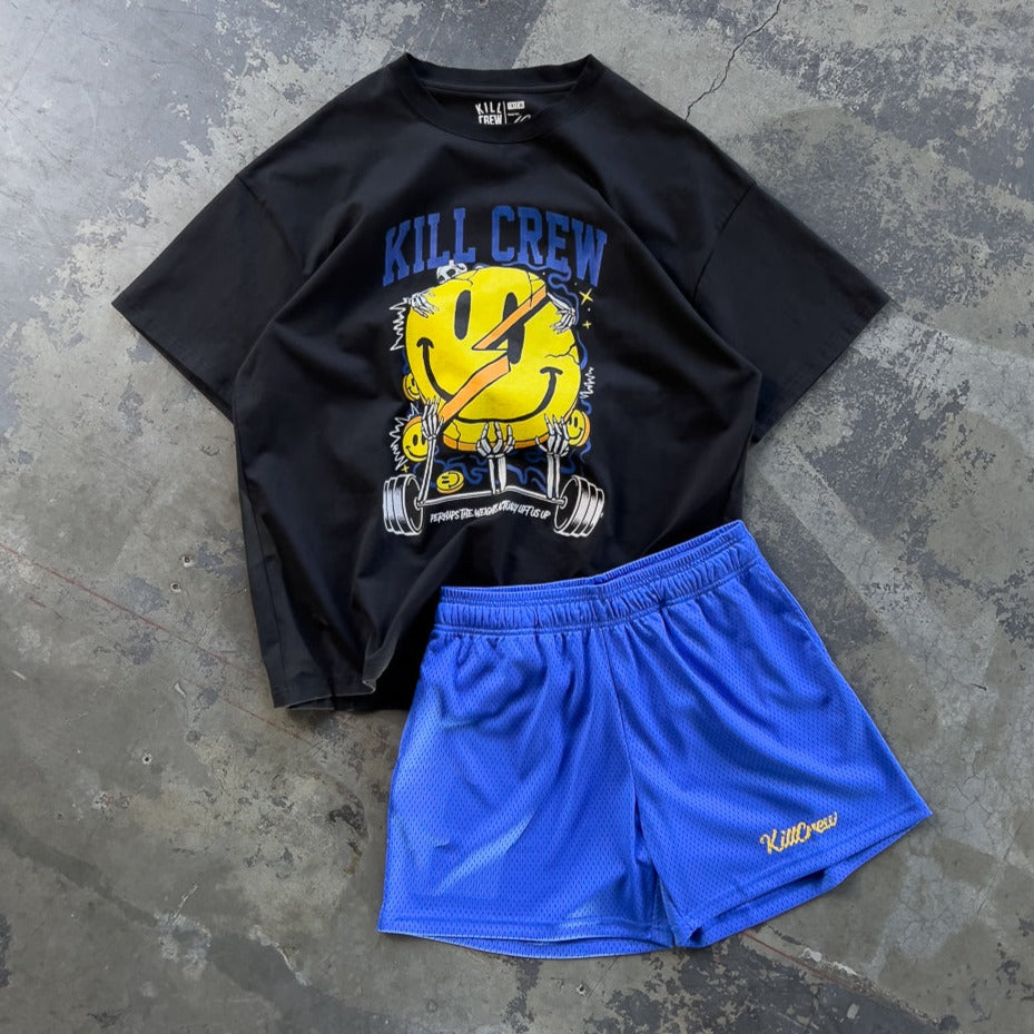 VENTED MESH SCRIPT SHORTS - BLUE / GOLD - Kill Crew