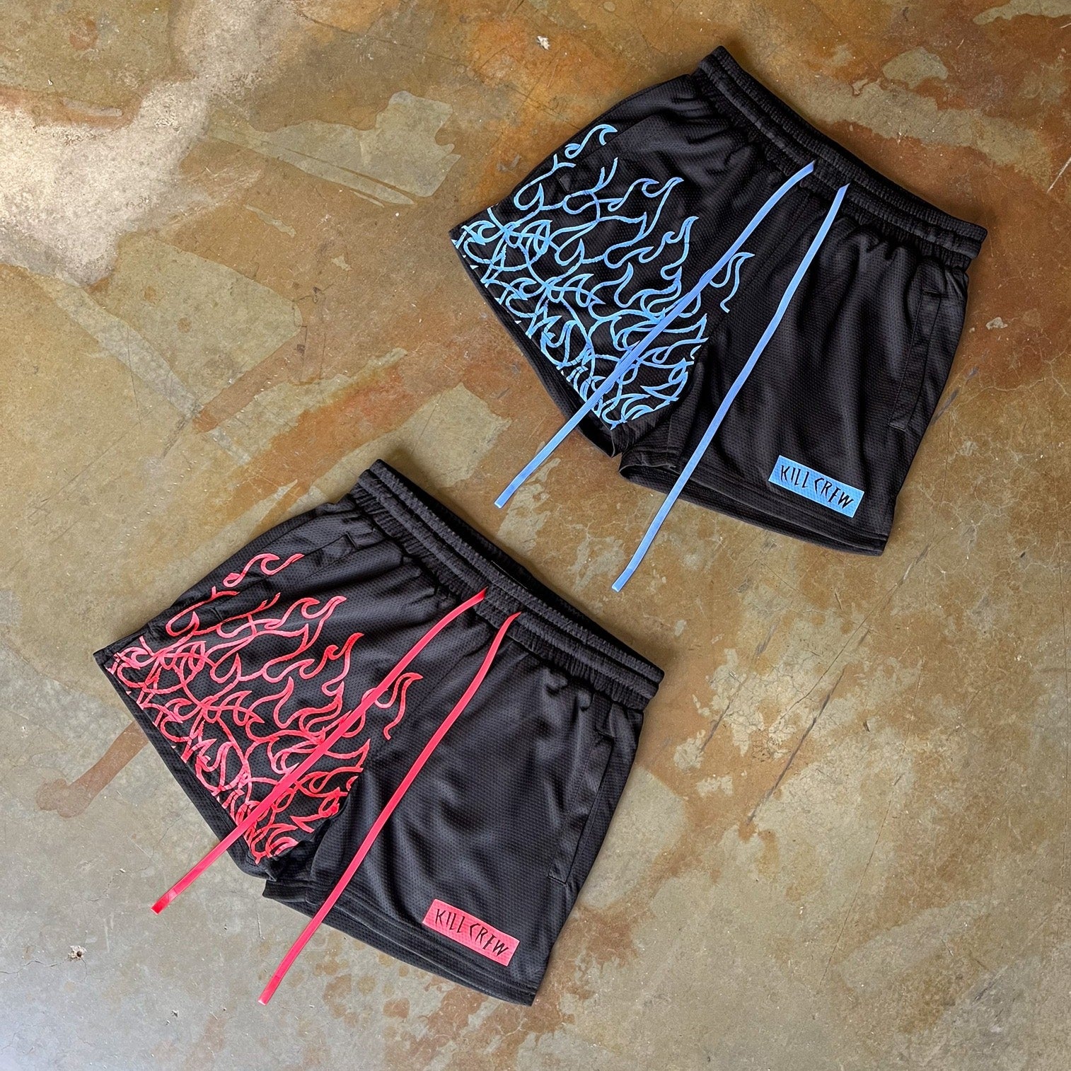 MUAY THAI FLAME SHORTS (MID THIGH CUT) - BLACK / BLUE