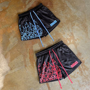 MUAY THAI FLAME SHORTS (MID THIGH CUT) - BLACK / RED