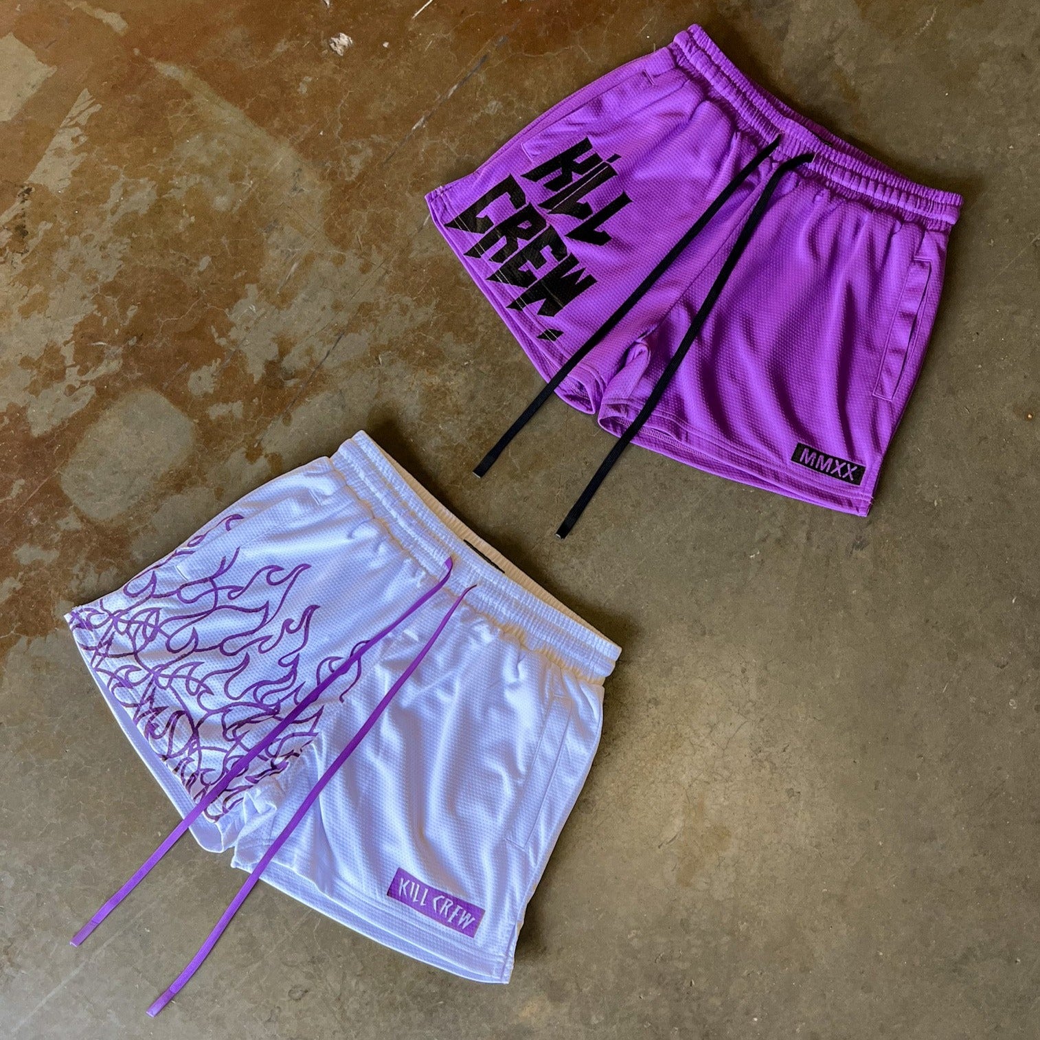 MUAY THAI FLAME SHORTS (MID THIGH CUT) - WHITE / PURPLE