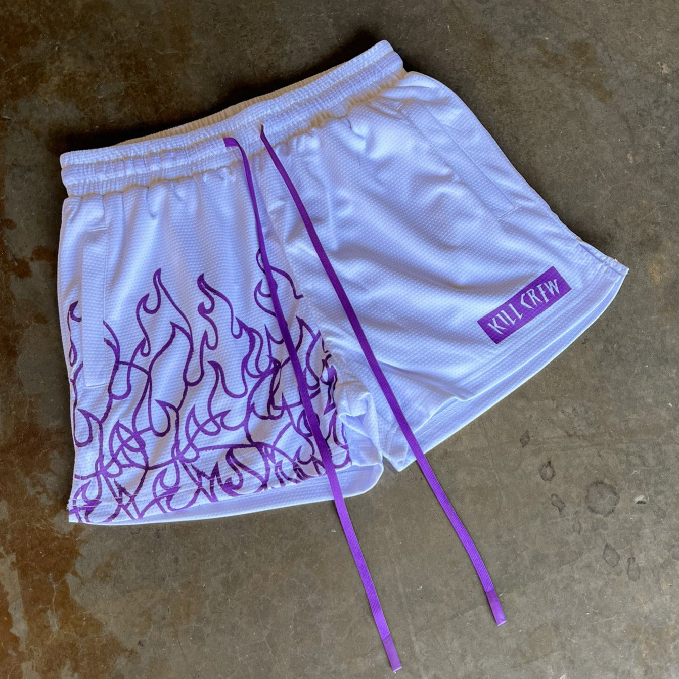 MUAY THAI FLAME SHORTS (MID THIGH CUT) - WHITE / PURPLE