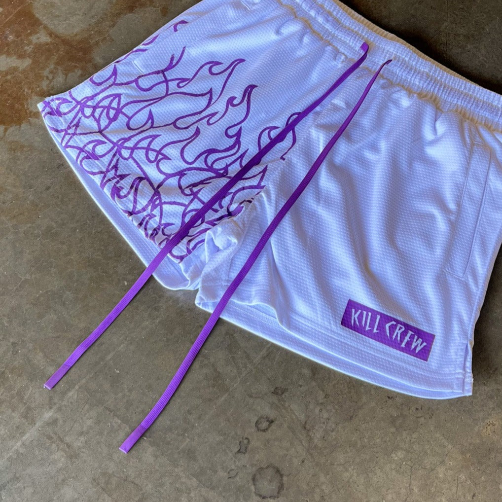 MUAY THAI FLAME SHORTS (MID THIGH CUT) - WHITE / PURPLE