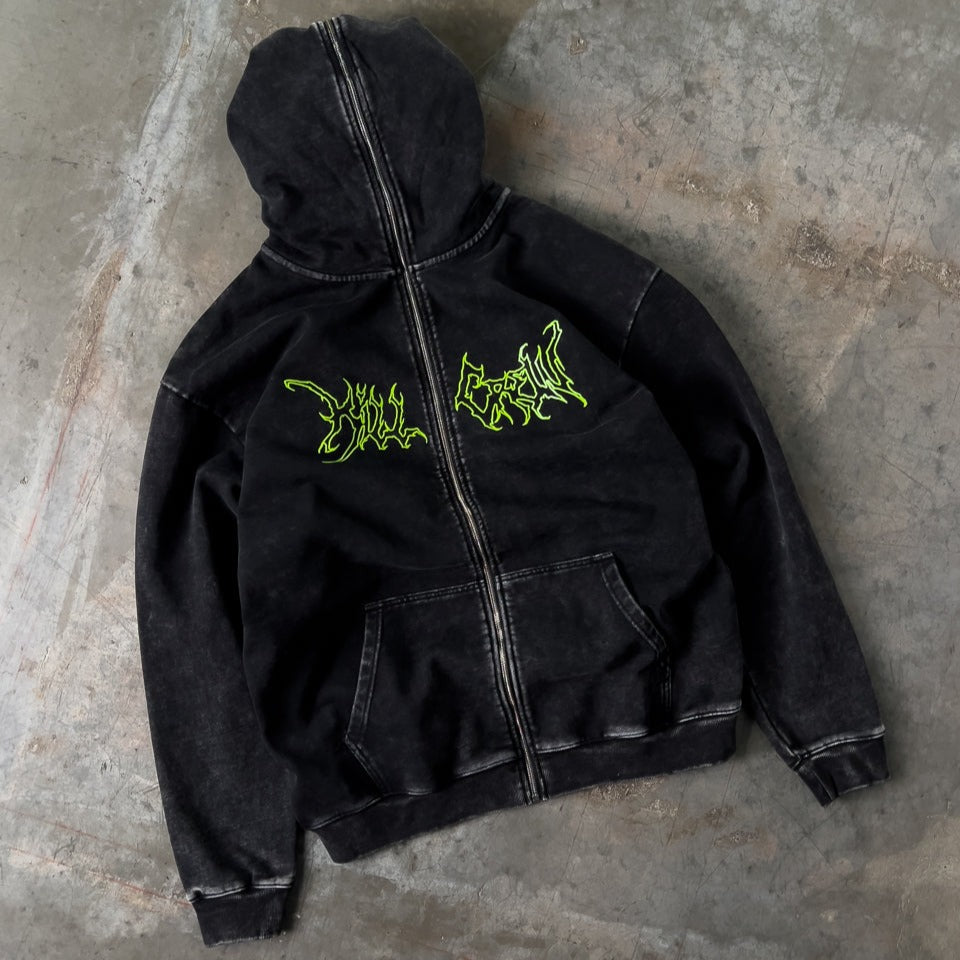 OVERSIZED LUX WOLF ZIP UP HOODIE - BLACK / GREEN