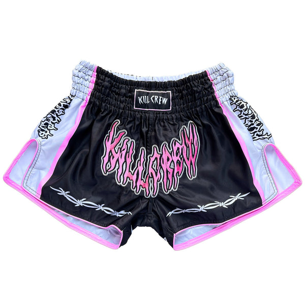 Muay authentic Thai Boxing Shorts for Adult - Pink and Black Side with Silver Thai Pattern Stripes