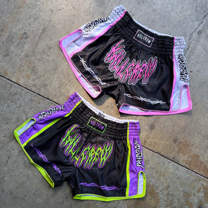 RETRO THAI FIGHT SHORTS - BLACK / PURPLE