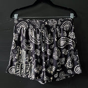 MUAY THAI SHORTS (MID THIGH CUT) BANDANA - BLACK / CREAM