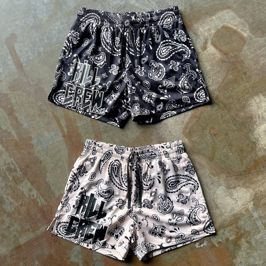 MUAY THAI SHORTS (MID THIGH CUT) BANDANA - BLACK / CREAM