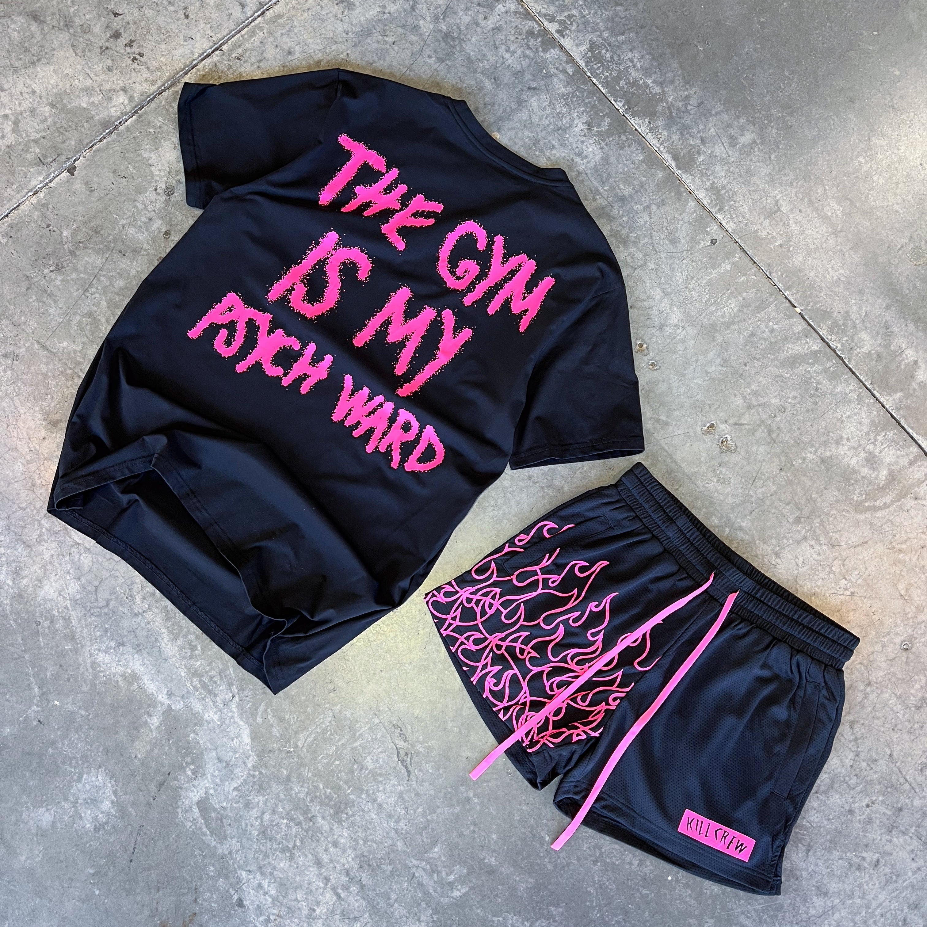 MUAY THAI FLAME SHORTS (MID THIGH CUT) - BLACK / PINK