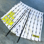 BARBWIRE MUAY THAI SHORTS (MID THIGH CUT) - WHITE / YELLOW