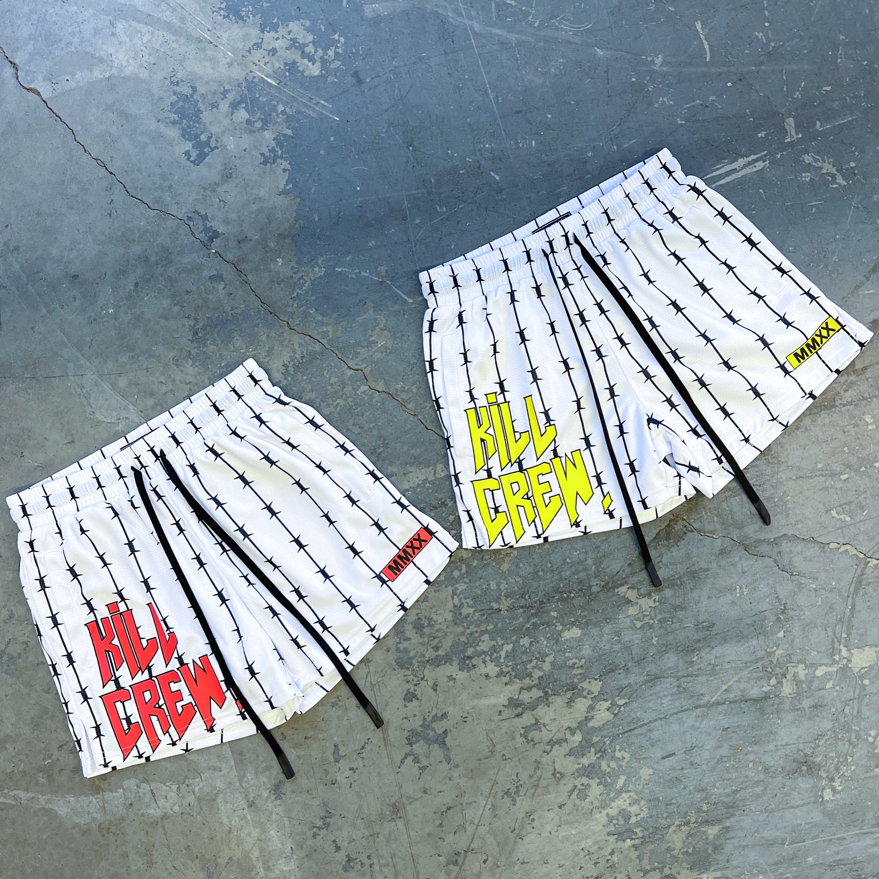 BARBWIRE MUAY THAI SHORTS (MID THIGH CUT) - WHITE / YELLOW