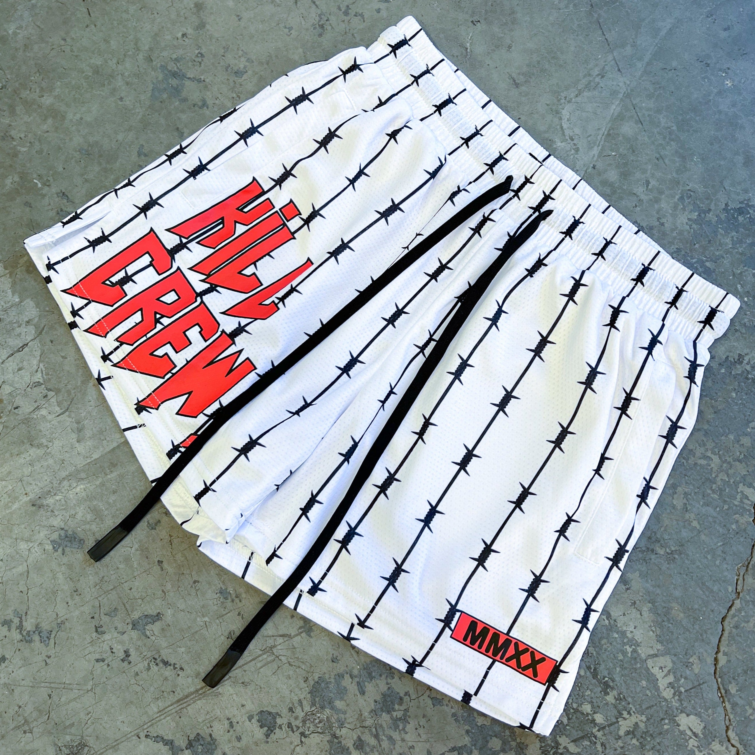 BARBWIRE MUAY THAI SHORTS (MID THIGH CUT) - WHITE / RED