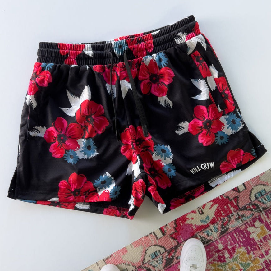 MUAY THAI SHORTS (MID THIGH CUT) FLORAL - BLACK