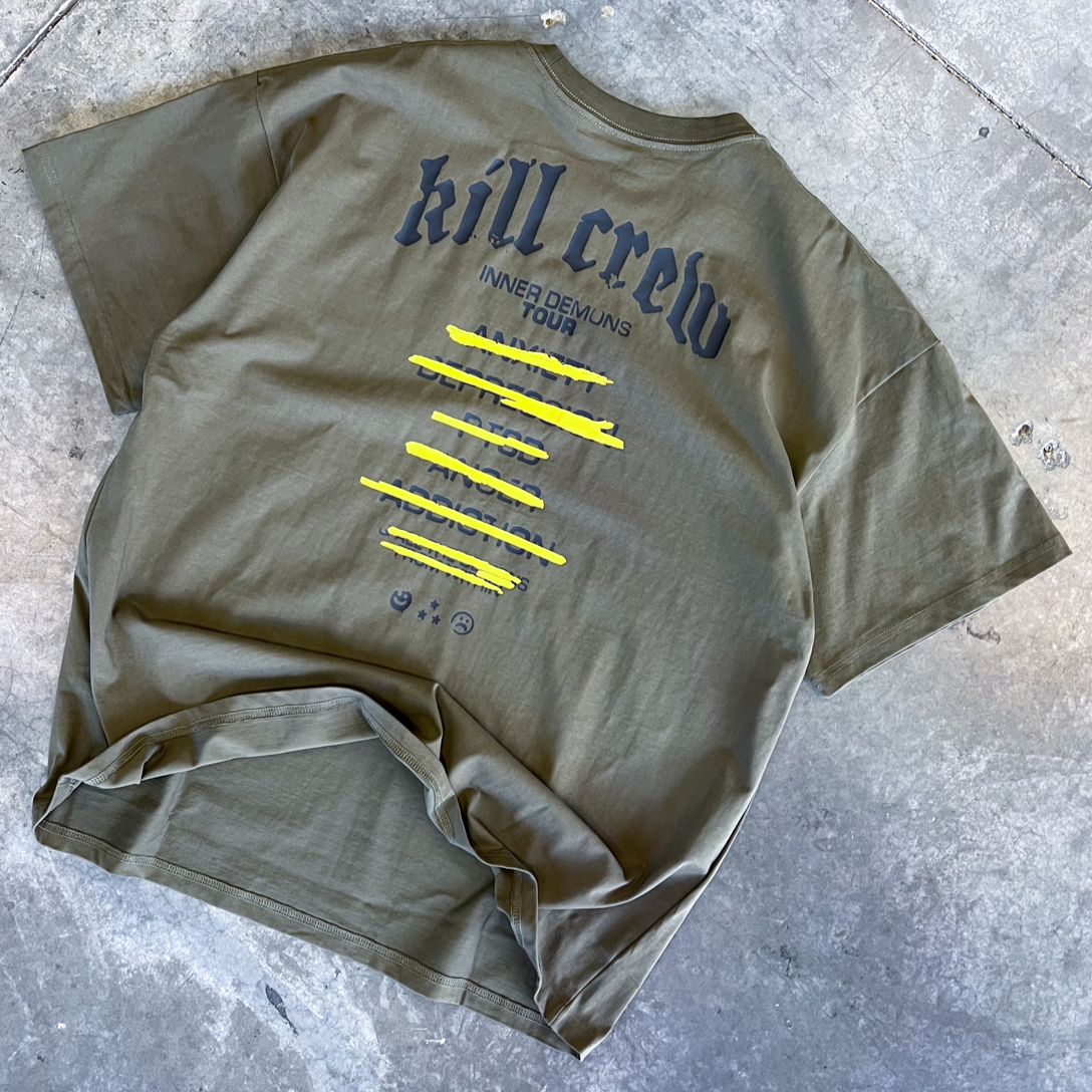 OVERSIZED INNER DEMONS TOUR T-SHIRT - OLIVE / BLACK