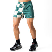 MUAY THAI SHORTS (MID THIGH CUT) CHECKER - GREEN / CREAM