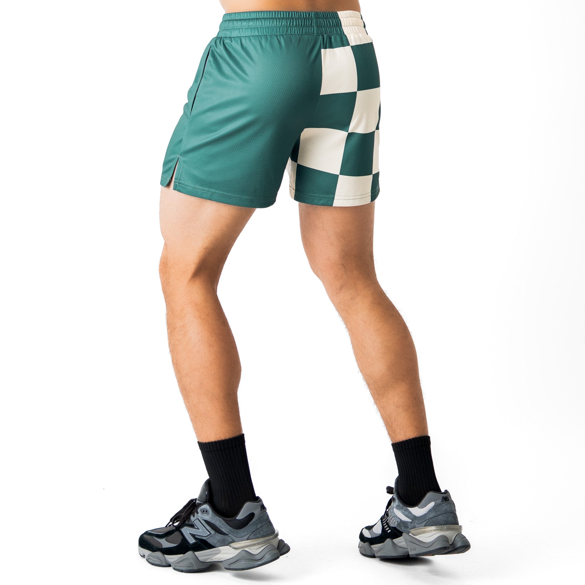 MUAY THAI SHORTS (MID THIGH CUT) CHECKER - GREEN / CREAM