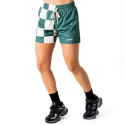 MUAY THAI SHORTS (MID THIGH CUT) CHECKER - GREEN / CREAM