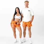 MUAY THAI SHORTS (MID THIGH CUT) - ORANGE CAMO