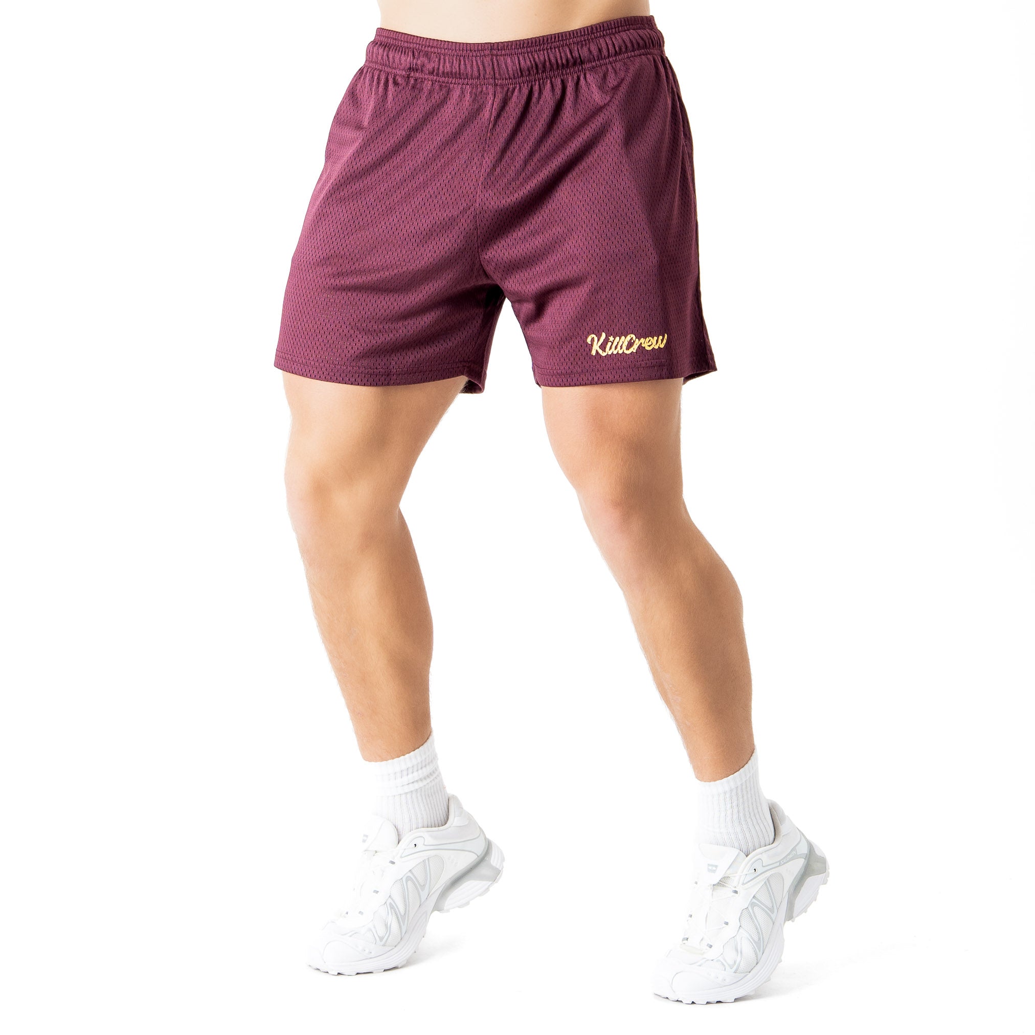 VENTED MESH SHORTS SCRIPT - MAROON / GOLD