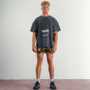 MUAY THAI SHORTS (MID THIGH CUT) SUNFLOWER - BLACK