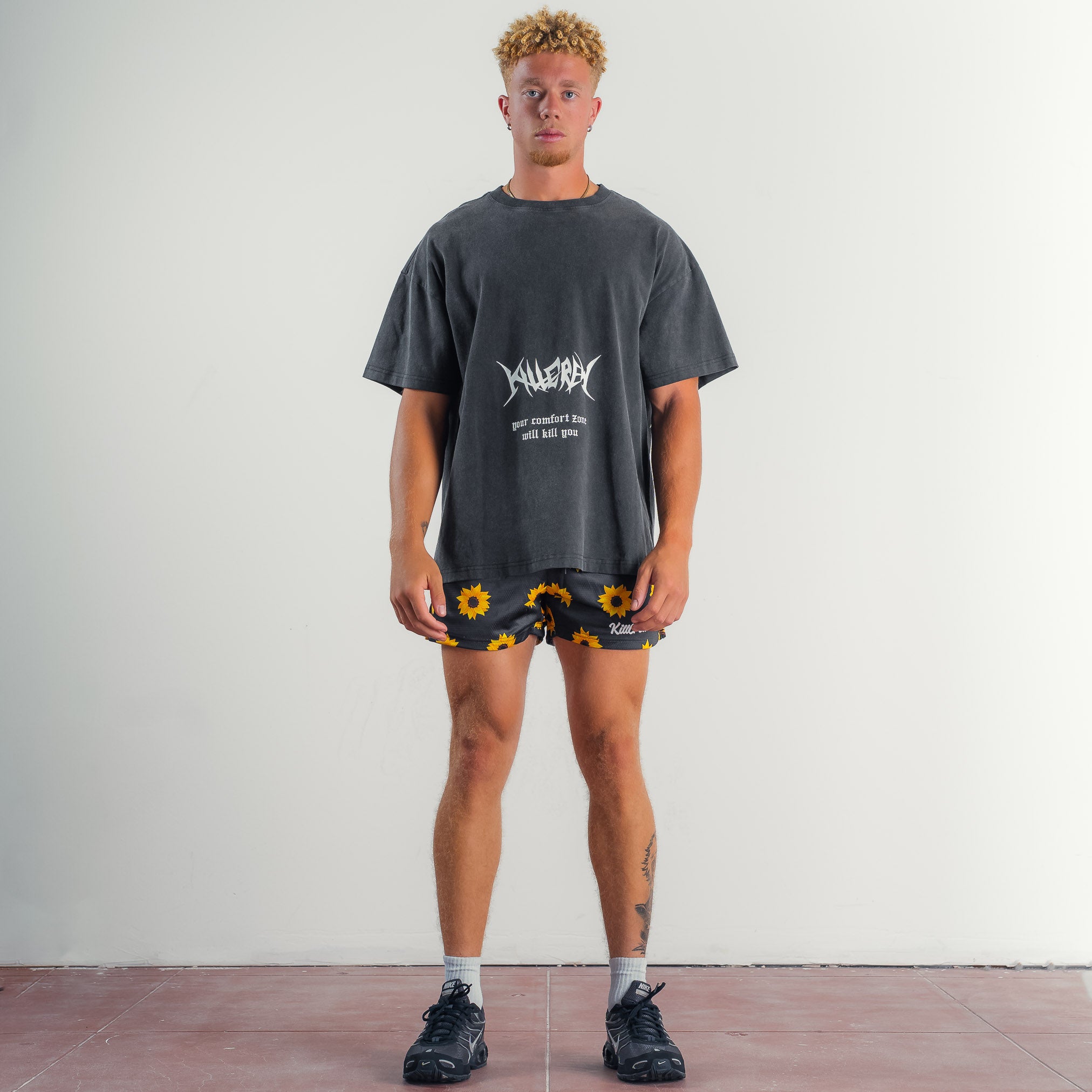 MUAY THAI SHORTS (MID THIGH CUT) SUNFLOWER - BLACK